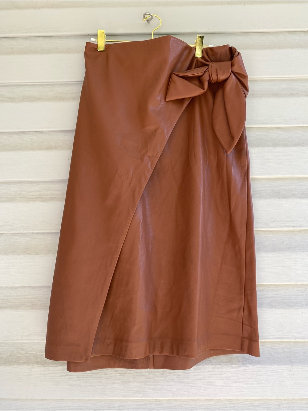 Eloquii Camel Faux-Leather Wrap Midi Skirt with Side Bow